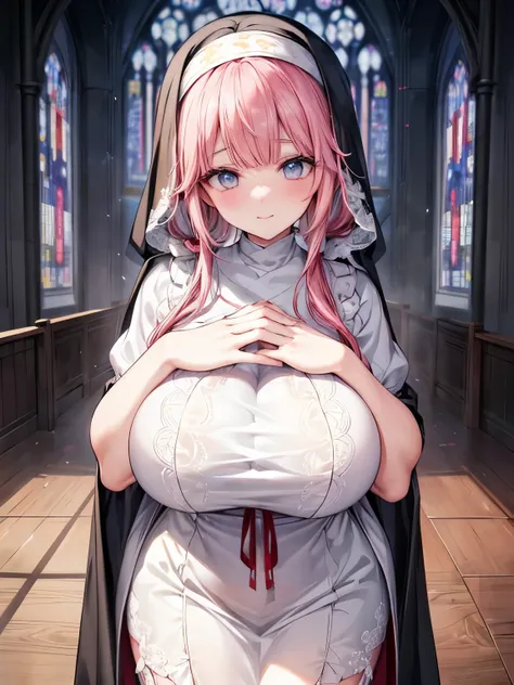 beautiful eyes,とてもかわいいface, Beautiful Japanese Girl,( solo girl),(gigantic breasts),(smiles),( pink hair,Cross Bangs ),(pink low twintails hair),( big light blue eyes),View Viewer,break,( Nun Costume ,Cassock,とてもexhaustiveな聖職者の衣装,Intricate Patterned Lace :...