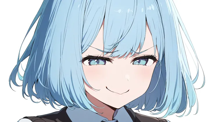 ultra high definition simple white background cute girl 　 light blue hair straight short haire　lementary school student solo 　smug face