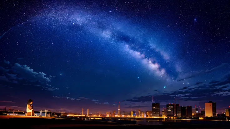 octans, null, star (null), scenery, starry null,  night , 1 girl,  night null, Alone, outdoor, building, cloud,  Milky Way,  sitting, tree,  long hair, city,  silhouette , cityscape