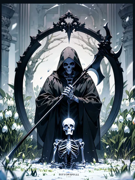 Masterpiece, Absurdres, Hyper detailed, 4k, UHD, (Beautiful:1.1) (Illustration in the style of tarot cards) ((solo)) ((1 Skeleton male)) ((skeletonized hand)) Black hooded robe, (Holding the Grim Reaper's scythe:1.15) Snow, (Snowdrop flower:1.22) (Black fr...