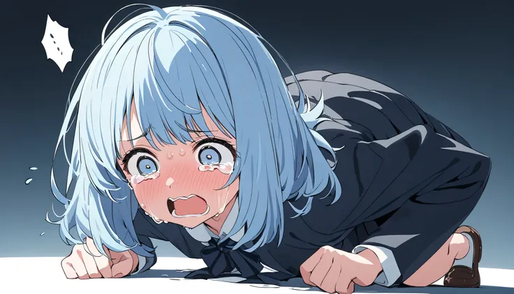 ultra high definition simple white background cute girl 　 light blue hair straight short haire　lementary school student solo 　crying with a shocked expression　squat in an embarrassing position