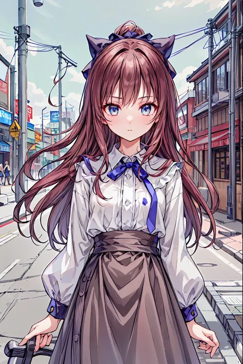 A 17-year-old woman 、enchanting gray-blue eyes shine like stars、beautiful eyes、Town Girl's Clothes、(((TokyoSkyTree：10)))、wooden practice sword、 waist belt 、medieval European flower shop、high resolution、high quality、Cinematic Lighting、4K quality、 Hair，short...