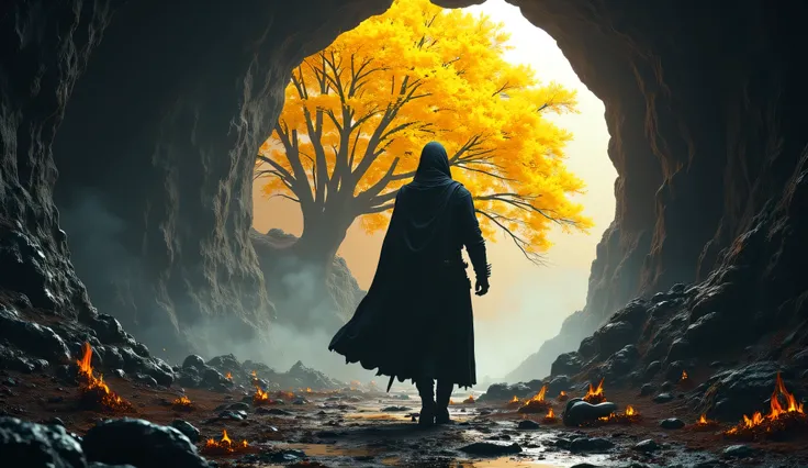 A medieval knight with a hooded torn cloak hanging over his armor walking down a dark cave towards an opening with a massive shining yellow leaf tree off in the distance, in the cave is burnt wood, scorch marks and a dragon skull 