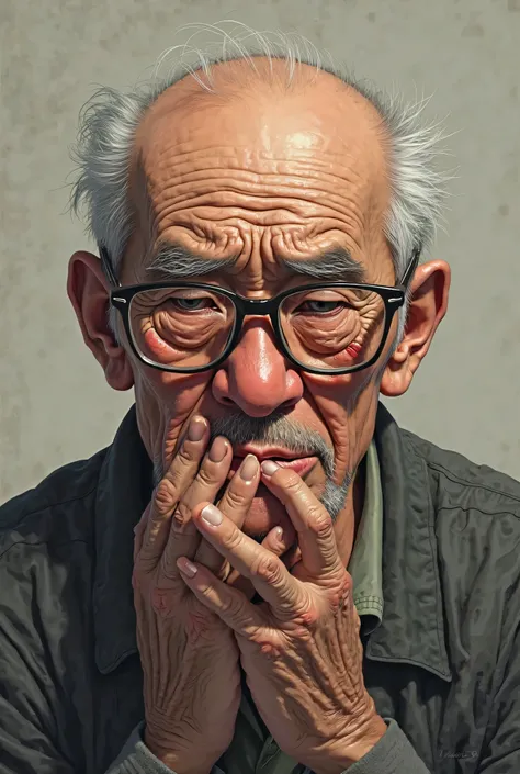 Draw an image of a two-block Japanese old man wearing glasses that has caught a cold and has rough skin between his nose and lips due to biting too much runny nose and turning red