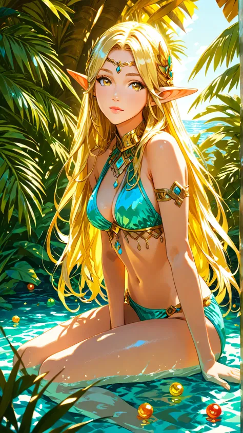 Masterpiece, Best Quality, Top Quality, Very Detailed, Elf princess with golden eyes, long blonde hair, and pointed ears, wearing a jeweled turquoise bikini with gold accents. She sits by a tropical lagoon, bathed in warm sunlight. Semi-realistic anime sty...