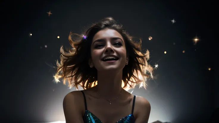 1 girl, smile, singing and dancing at bedroom, dramatic angle, space, (floating colorful sparkles:1.3),dramatic,lightning,chiaroscuro,evocative depth