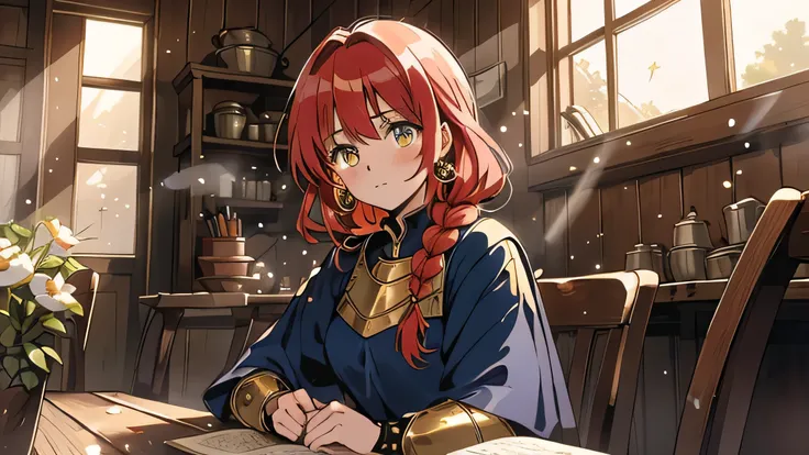 Masterpiece, Best Quality, Top Quality, Very Detailed, Medieval fantasy woman with golden eyes, vibrant red hair in a loose braid, and a deep blue and gold-trimmed dress. She sits in a warmly lit tavern, leaning on the wooden table, lost in thought. Sunlig...