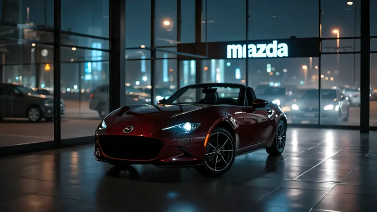 A breathtaking 8K cinematic shot of a Mazda MX-5 Miata parked inside a glass-walled showroom at night, with city lights reflecting off the car’s body. The scene exudes a luxurious and modern atmosphere, emphasizing the roadster’s iconic silhouette.  
