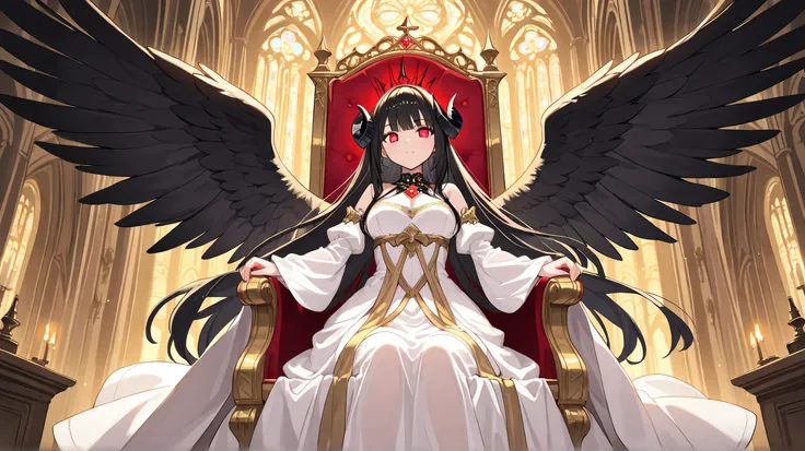 Masterpiece, Best Quality, Top Quality, Very Detailed, Dark fantasy demoness with curved horns, glowing golden eyes, and flowing black hair. She wears a regal white and gold gown adorned with chains and jewels. Her black feathered wings spread wide as she ...