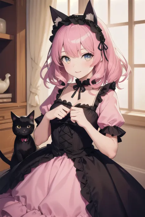 Best quality, high quality, high resolution, one girl, pink hair, cute dress with frills, pink dress, some black parts, gothic lolita style design, black cat ears headband,  old western-style room,