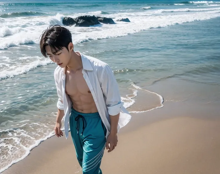 Japanese man in seawater pants on the beach