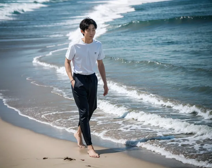 Japanese man in seawater pants on the beach