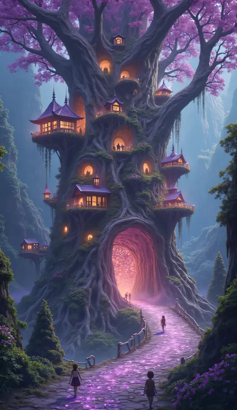 "In the heart of the ancient forest, a city hidden within a giant tree trunk glowing from within. Houses made of gently lit purple branches and leaves. The inhabitants are fairies, elf, and light-shaped creatures walking along shimmering paths. Tree roots ...