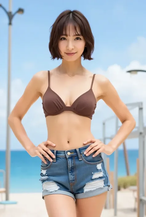 1 girl, high resolution, best quality, 8K, (((coffee brown bikini top))), (((sexy distressed micro denim))), (((hands on hips))), (((full body image))), shy smile, (((with bangs))), ((dark brown hair))), (((Semi-long hair))), beachside,