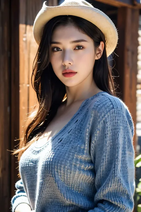 (In 8K, Top Quality,      masterpiece:1.2), (realistic, Photorealistic:1.37), very well detailed,      natural light, medium breasts,  Knitted V-neck shirt  , Cowgirl who    , very well detailedな顔と肌,     in more detail, very well detailedな顔と肌