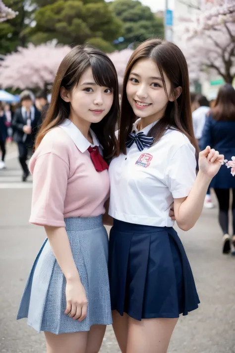 Two girls (20 years old, Japanese pretty face) is wearing high school uniform with mini skirt at cherry blossoms city.