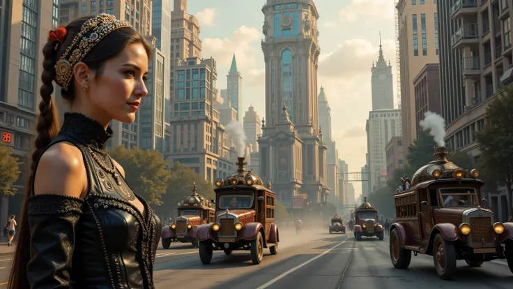  photorealism. Beautiful steampunk woman with steampunk skyscrapers in the background, steampunk cars are driving along the roads