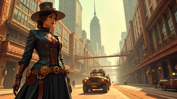 Beautiful steampunk woman with steampunk skyscrapers in the background, steampunk cars are driving along the roads