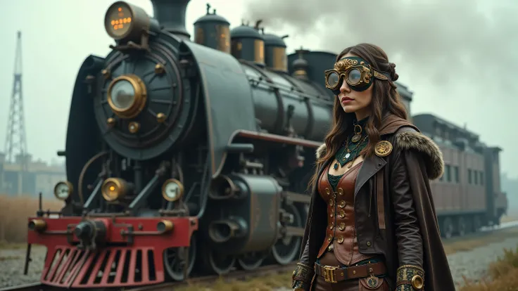 Beautiful steampunk woman in front of a steampunk steam train