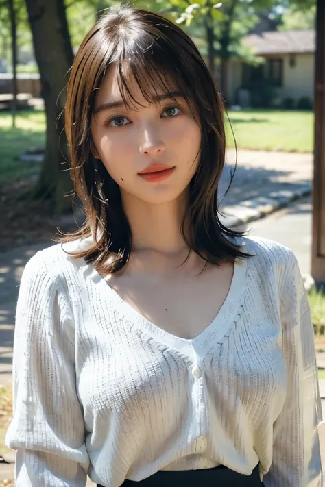 (In 8K, Top Quality, masterpiece:1.2), (realistic, Photorealistic:1.37), very well detailed, natural light, medium breasts, Knitted V-neck shirt , Cowgirl who , very well detailedな顔と肌, in more detail, very well detailedな顔と肌