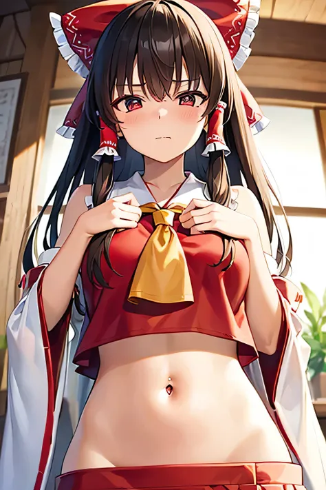 super fine illustration, vibrant colors, masterpiece, sharp focus, best quality, depth of field, cinematic lighting, ultra detailed, navel, shrine maiden, hakurei reimu, 1girl, hair bow, ascot, hair tubes, detached sleeves, red shirt, red skirt,, very long...