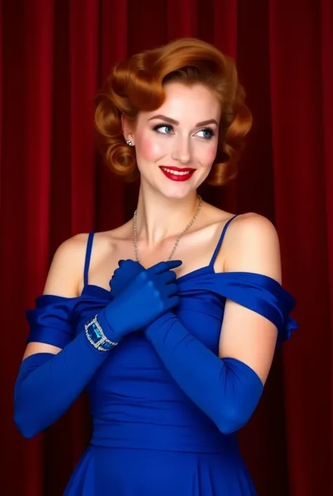 full body studio quality photo. diffused soft lighting. A shapely, busty Irish woman. 22 years of age.  reddish brown 1950's vintage styled hair with glamorous curls. hair curls over one eye. baby blue eyes. powdered face. (glossy deep red sharply outlined...