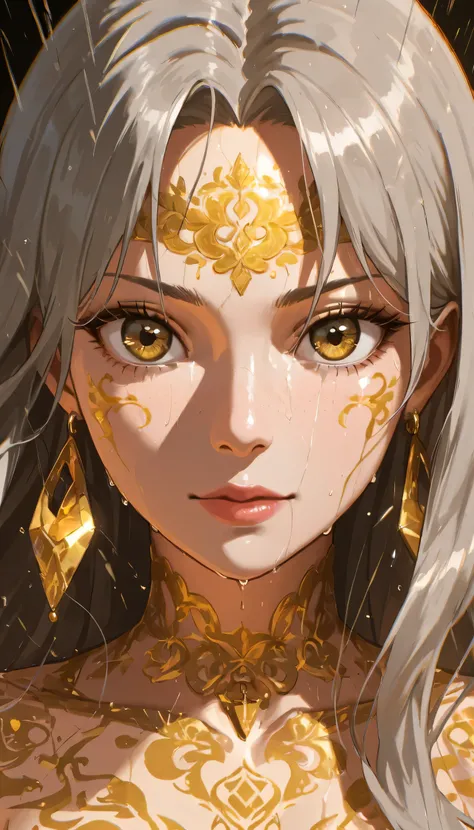 in the rain、 Gold Tattoos for Girls with Gold Earrings, in the style of vray tracing, then Martin , Famous, Poured, close, Dark white and gold, speed painting, masterpiece, TOP QUALITY,