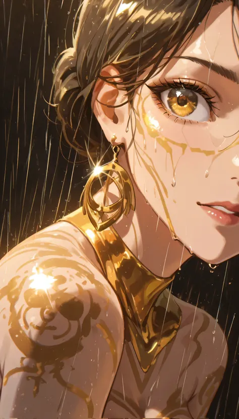 in the rain、 Gold Tattoos for Girls with Gold Earrings, in the style of vray tracing, then Martin , Famous, Poured, close, Dark white and gold, speed painting, masterpiece, TOP QUALITY,