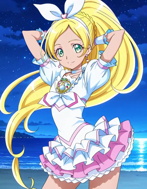 rhythm cure, blonde hair, ponytail, very long hair, braid, eyelashes, green eyes, hair bow, white bow, white hairband, hair ornament, earrings, anime screencap, high quality, solo, cowboy shot, (contrapposto), hands behind head, closed mouth, night sky, be...