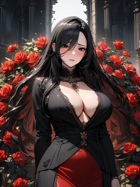 Solo, beautiful woman, tall, hot, 4k detailed eyes, detailed face, 4k, red-black hair, black hair, long hair, black eyes, tall, hot, noble, Mature MILF, fully clothed, noble, shy, red flowers, dark sky with flowers around, busty