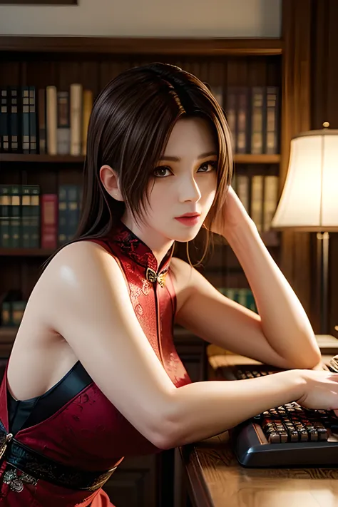 A beautiful woman with long wavy brown hair, wearing a deep red velvet cheongsam with black lace details, high slit on both sides. She poses elegantly in a vintage study room, leaning on a classic wooden desk with an antique typewriter and a film projector...