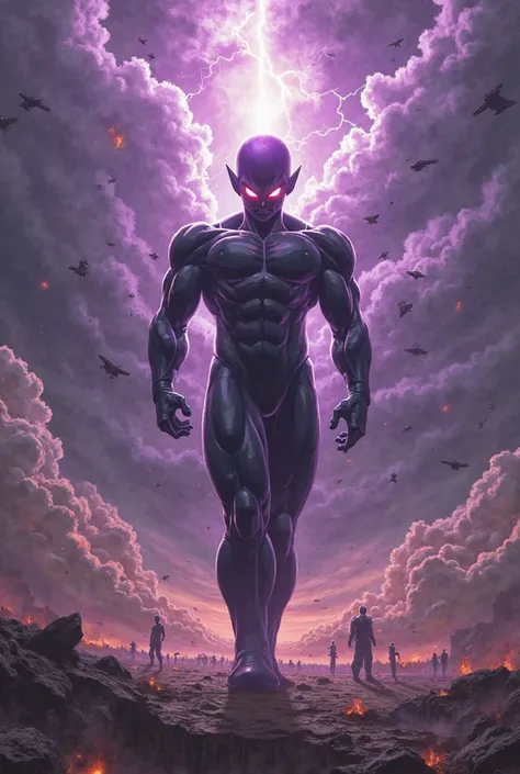 . I will describe each scene in detail, so that it can be turned into an epic picture that expresses the moment with all its power and excitement..


---

1. Freeza the Black debut

The sky is covered with ominous purple clouds, and dark lightning strikes ...