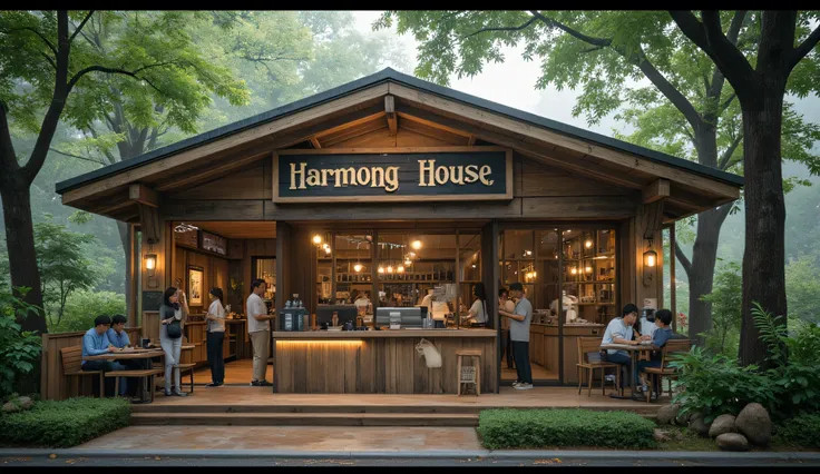 an coffee shop surrounded by green with the big size sign say "Harmony House", light rain outside, detailed texture