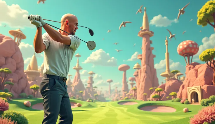 generate an image of a bald guy playing the game "golf it"