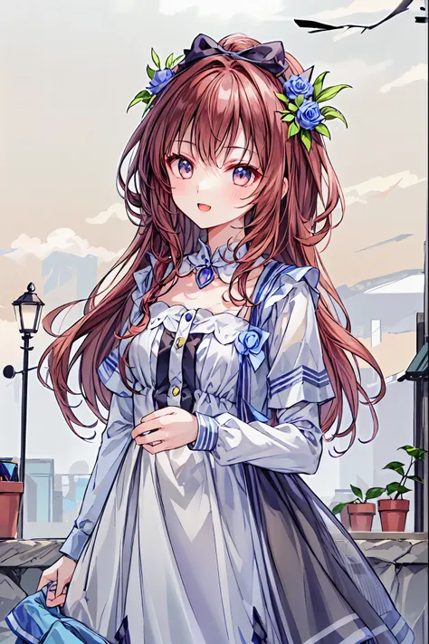  girls on the left、white background on hand hair、Background、カールした long hair、 long hair、 curly hair、Contrasting bangs、brown hair on both arms、Sparkling eyes 、 Highlights、flower、Flower crown 、 I have flowers on my hair、 fluffy、、All hairstyles、、smile、cute、Bac...