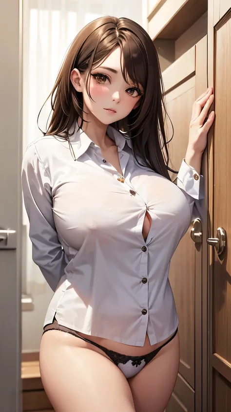 Nice face,adult, cockatiche , matured, ,,  score_9,  score_8_upper,  score_7_upper,high detail, , , ,high detail, , Alone, ,  matured woman, Mature Woman, Mom,  big breasts,,  white button down shirt ,  eyeshadow , brown hair on both arms,  steam,   Half O...