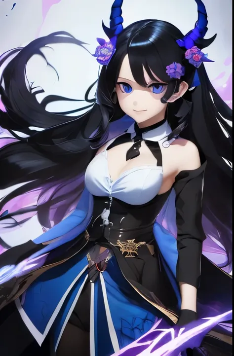 A photo of a TOK person, Anime character with long black hair and blue eyes but with demon eyes and with blue and purple clothing and with a demon with a background of blue Kimetsu no Yaiba flowers 
