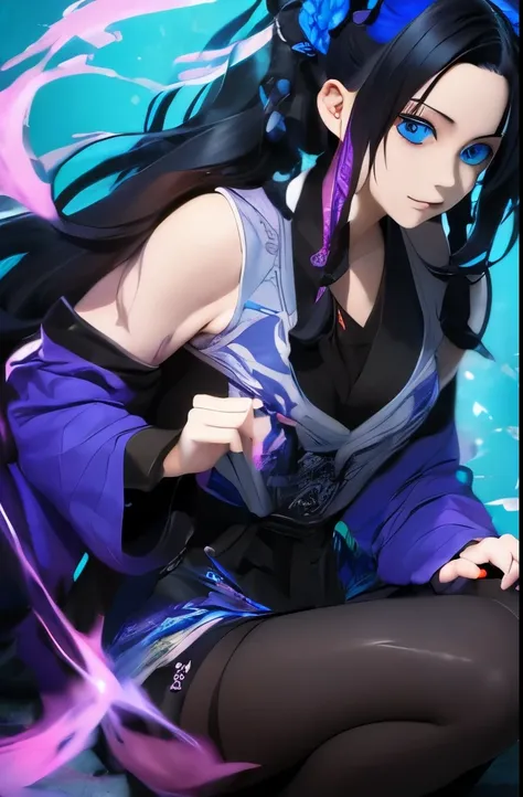 A photo of a TOK person, Anime character with long black hair and blue eyes but with demon eyes and with blue and purple clothing and with a demon with a background of blue Kimetsu no Yaiba flowers 
