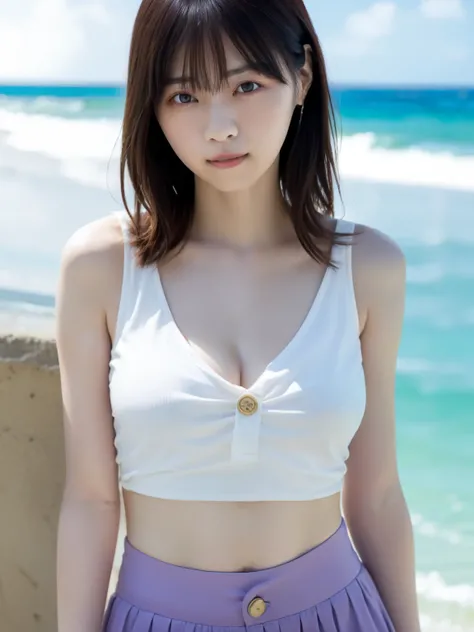  Greatest Masterpiece 、 TOP QUALITY , Ultra High Definition、Wore a tight white tank top made of ribbed material with buttons and a pale lavender-colored flared skirt１A beautiful Japanese girl is standing on the edge of the waves、 big breasts、 I can see a l...