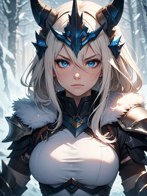 A highly detailed portrait of Sejuani from League of Legends, shown from the waist up. She wears her iconic battle armor, featuring thick fur linings, heavy plate armor with an icy blue color scheme, and her signature horned helmet. Her piercing blue eyes ...