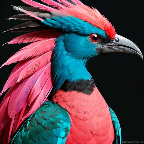 a close up of a bird with a pink mohawk on its head, realistic paint job, a surrealistic bird, surrealistic bird, anthropomorphic bird, spotted ultra realistic, surreal hybrid animals, turaco morphing chicken, feathers exotic morphing hoopoe, vibrant and s...