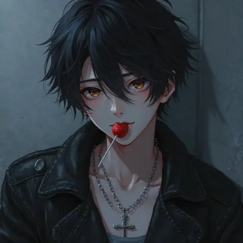 "A highly detailed digital painting of a young man with black hair and brown eyes, depicted in a semi-realistic anime style with soft shading and intricate lighting. He has a mysterious and cold aura, casually leaning against a wall while holding a strawbe...