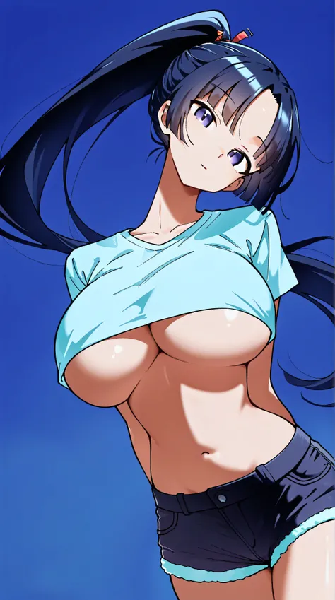 1girl,solo，Blue Background，huge breasts, crop top, short shorts, underboob, High Ponytail，Unbelievably long hair，cowboy shot,,looking at viewer，Simple style，wide angle,Dynamic Angle，(bangs_pinned_back:1.5),(head_tilt:1.7),(curvybody:1.1)，Lively posture，Fro...