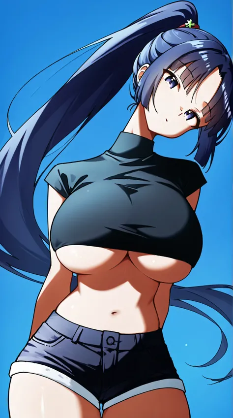 1girl,solo，Blue Background，huge breasts, crop top, short shorts, underboob, High Ponytail，Unbelievably long hair，cowboy shot,,looking at viewer，Simple style，wide angle,Dynamic Angle，(bangs_pinned_back:1.5),(head_tilt:1.7),(curvybody:1.1)，Lively posture，Fro...