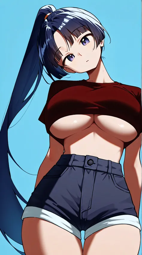 1girl,solo，Blue Background，huge breasts, crop top, short shorts, underboob, High Ponytail，Unbelievably long hair，cowboy shot,,looking at viewer，Simple style，wide angle,Dynamic Angle，(bangs_pinned_back:1.5),(head_tilt:1.7),(curvybody:1.1)，Lively posture，Fro...