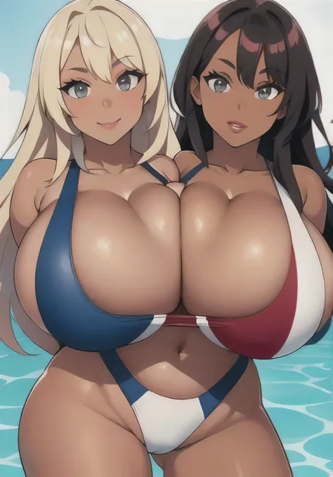 masterpiece,high quality, solo,smile,looking at viewer, long hair,multicolored hair,two-tone hair,split-color hair,blonde hair,red hair,grey eyes,makeup,lipstick, swimming suit, close up, tribreasts, two heads 3head (huge breasts:1.4) BEsequence, tanned sk...