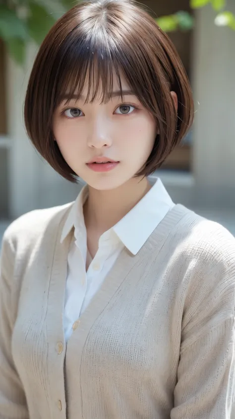 (Bob Cut Hair:1.2),(Wear a cardigan over a collared shirt:1.2),1 girl,Japanese,21 years old,(Small breasts:1.3),(Highest quality,masterpiece:1.3,超A high resolution,),(Ultra-detailed,Caustics),(Photorealistic:1.4,RAW shooting,)Ultra-Realistic Capture,Very d...