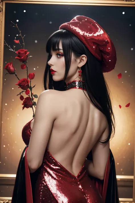  beautiful black hair ,shortcuts,Aligned bangs,Bright red lips,Red Eyes, white skin, gothic dress, Super High Definition, Super Quality ,masterpiece,DSLR,photorealistic, Detailed Details,Vivid details, Detailed , detailed face, Detailed Details,Super detai...