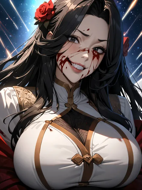 Solo, beautiful woman, tall, hot, 4k detailed eyes, detailed face, 4k, black-hair, long hair, black eyes, tall, hot, noble, big boobs, Mature MILF, motherly clothes, starry sky, powerful, shooting stars, red roses, bloody face, blood, twisted grin