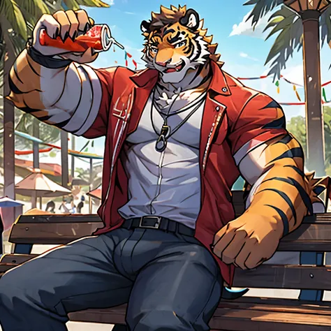 4K, actual, high detail,  Super Fine , Tiger， boy， personal ， strong physique，Being mocked ， More info on stylish clothing ，Sit on an amusement park bench，Handheld drink